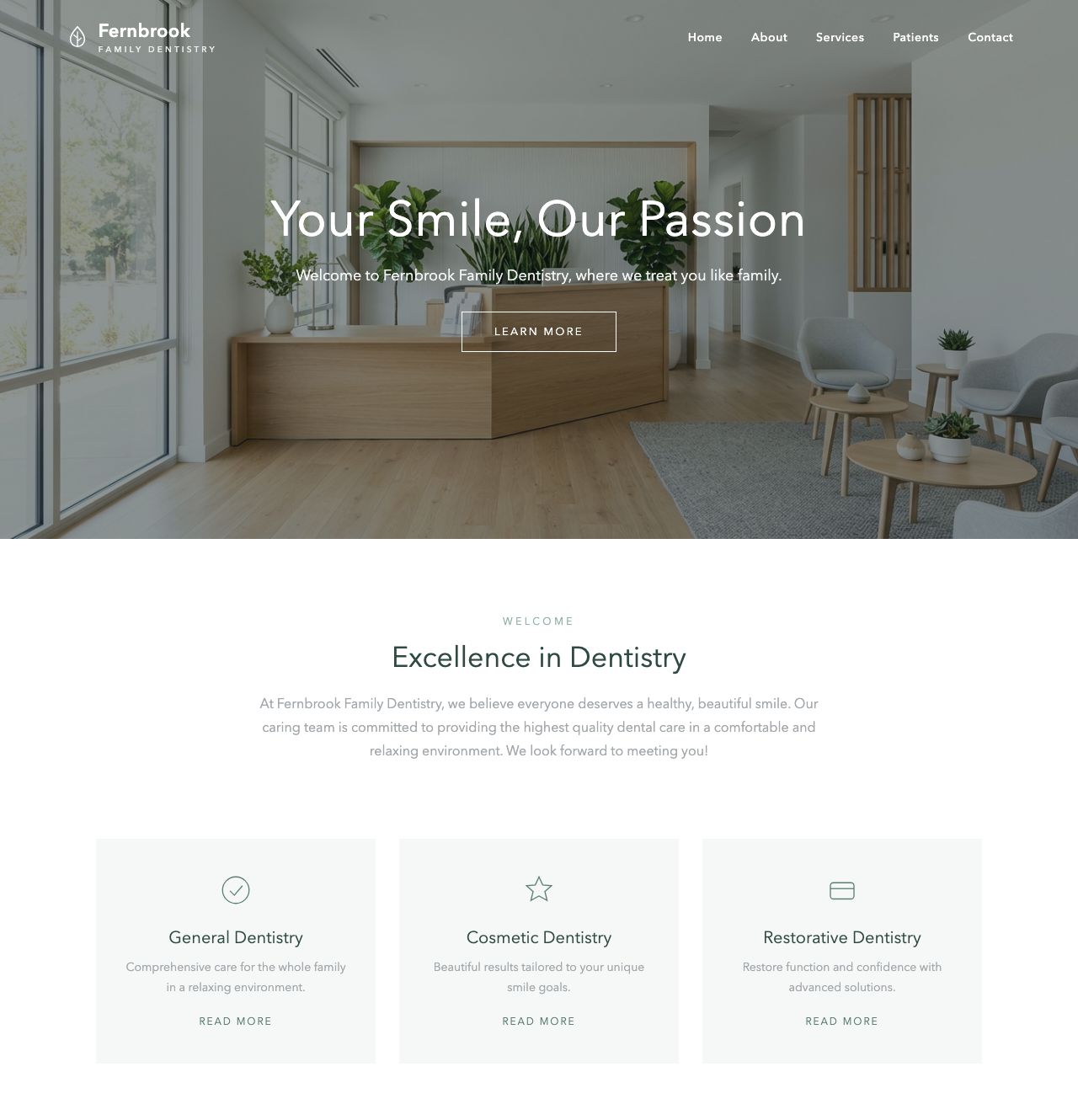 Sample dental practice homepage on a computer, with numbered notes