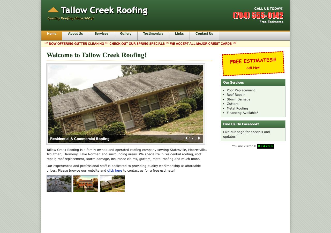 Sample roofing company homepage in an older style, with numbered notes