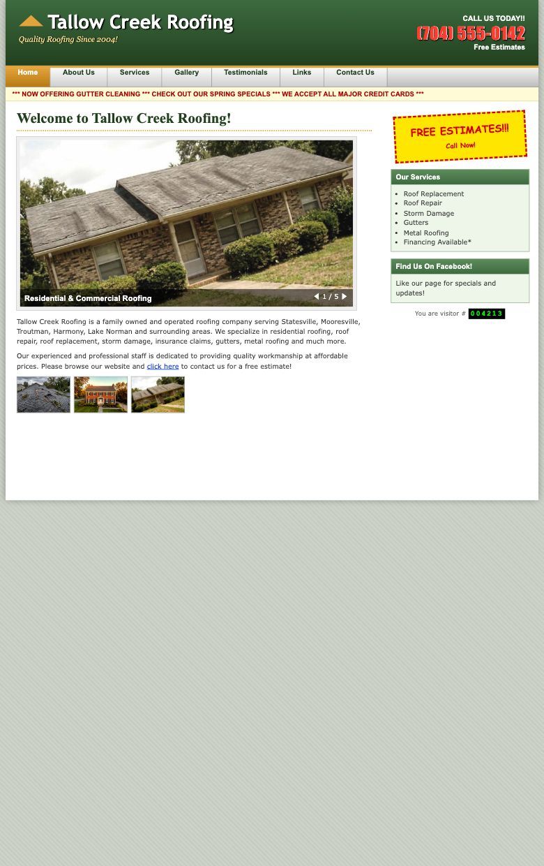 The same roofing homepage on a phone, shrunk so small the text cannot be read