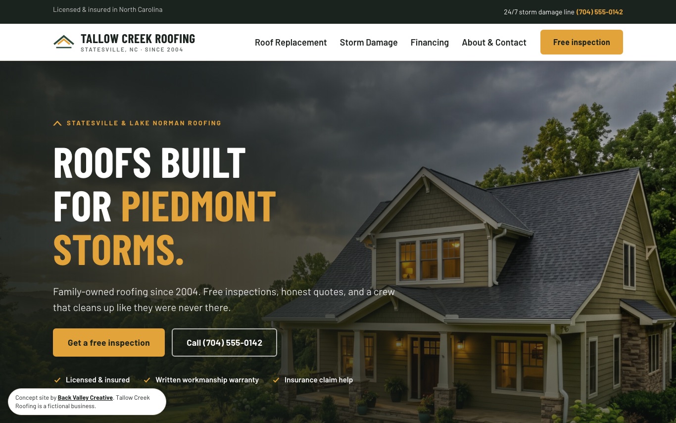 The Tallow Creek Roofing concept homepage with a bold headline, a storm-sky house photo, and inspection and call buttons