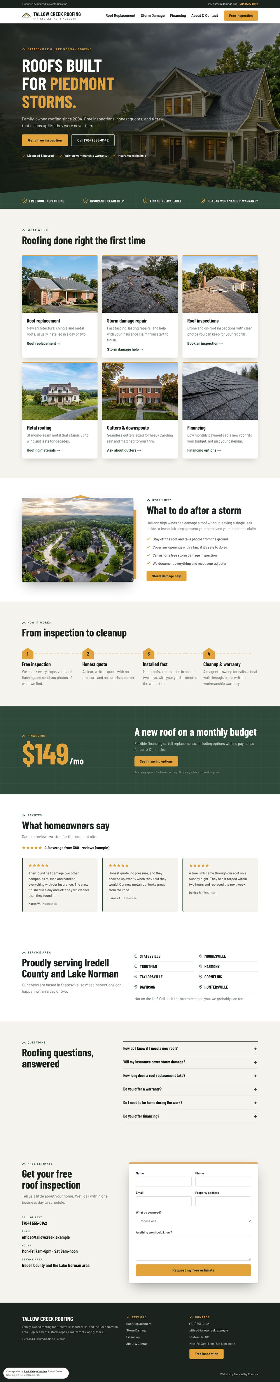 Tallow Creek Roofing homepage, full length